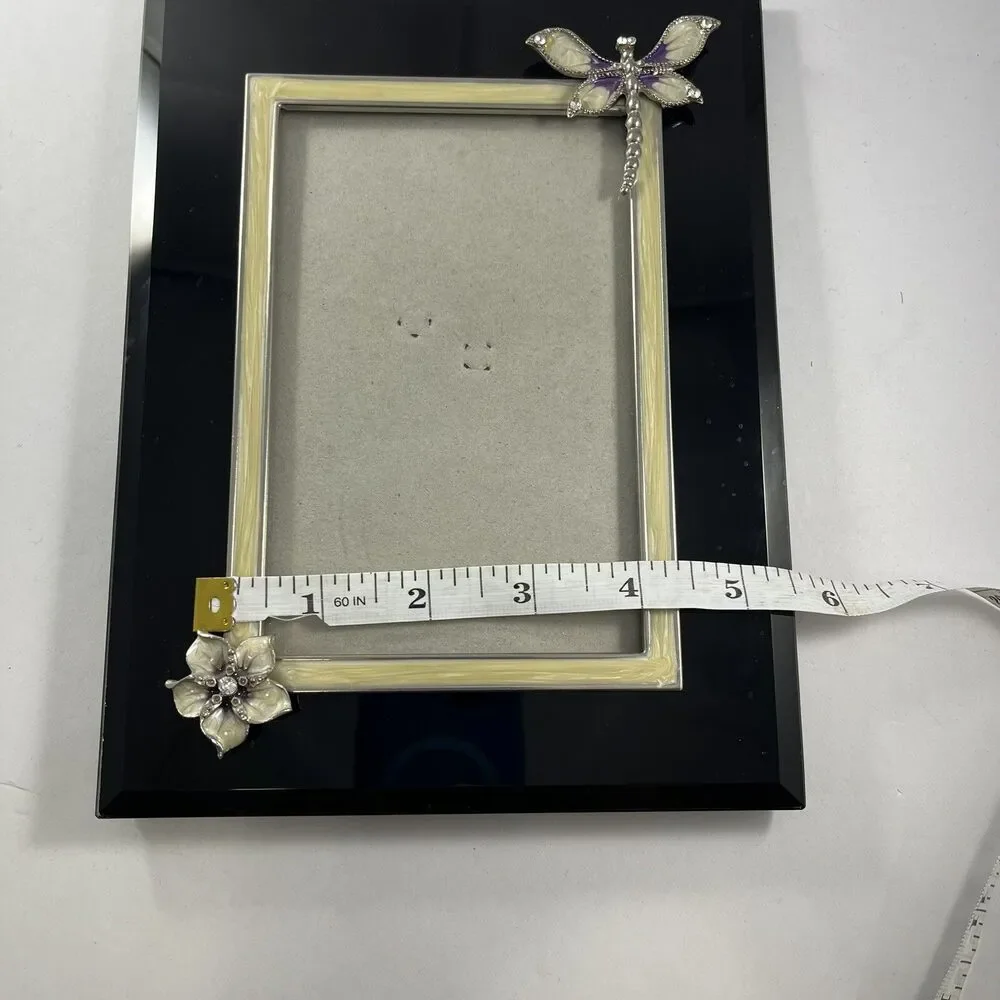 Dragonfly Flower 4x6 Photo Frame Black Enamel Ivory Accent Decorative Frame